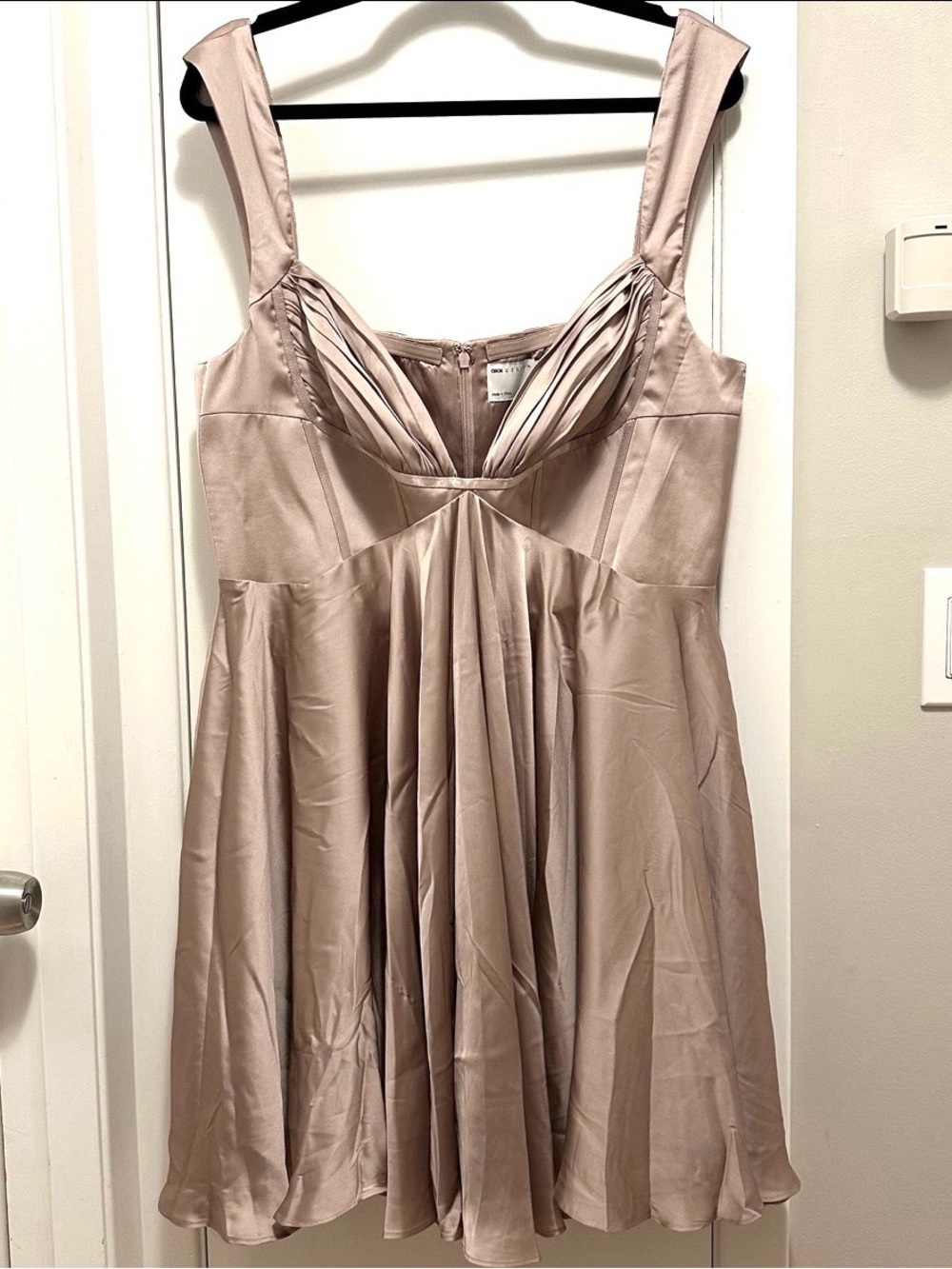 ASOS DESIGN satin corset ruched skater mini dress champagne Sz 14 sweetheart